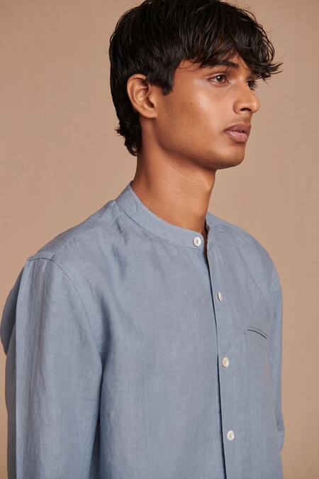 Shop_Saphed_Sky Blue Linen Band Collar Shirt _Online_at_Aza_Fashions