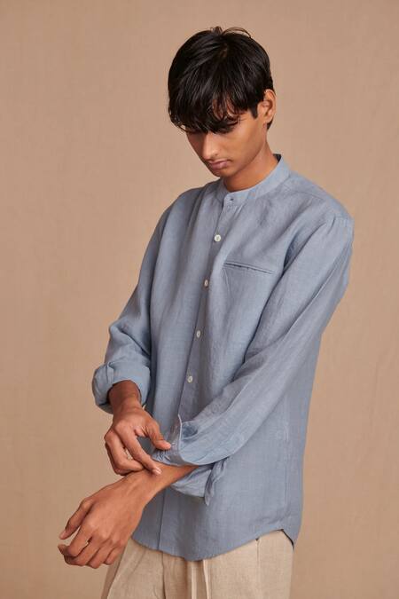 Saphed_Sky Blue Linen Band Collar Shirt _at_Aza_Fashions