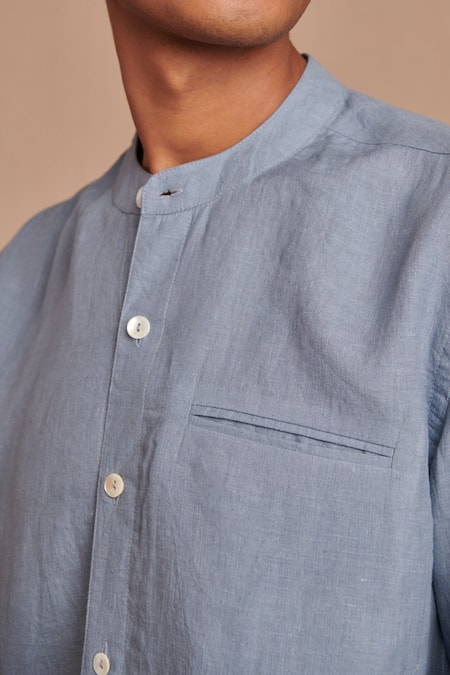 Shop_Saphed_Sky Blue Linen Band Collar Shirt 