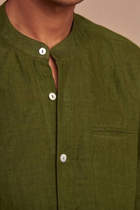 Buy_Saphed_Green Linen Band Collar Shirt _Online_at_Aza_Fashions