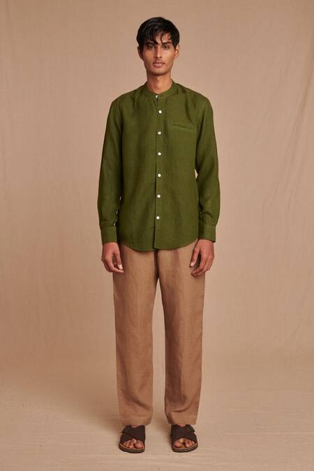 Saphed_Green Linen Band Collar Shirt _at_Aza_Fashions