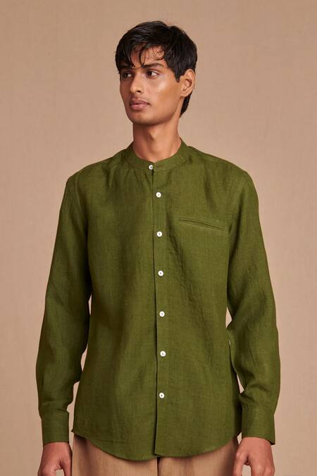 Buy_Saphed_Green Linen Band Collar Shirt 