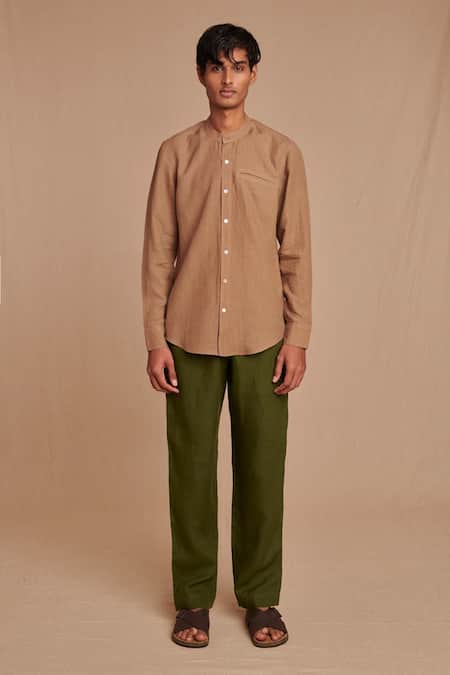 Saphed_Brown Linen Band Collar Shirt _Online_at_Aza_Fashions
