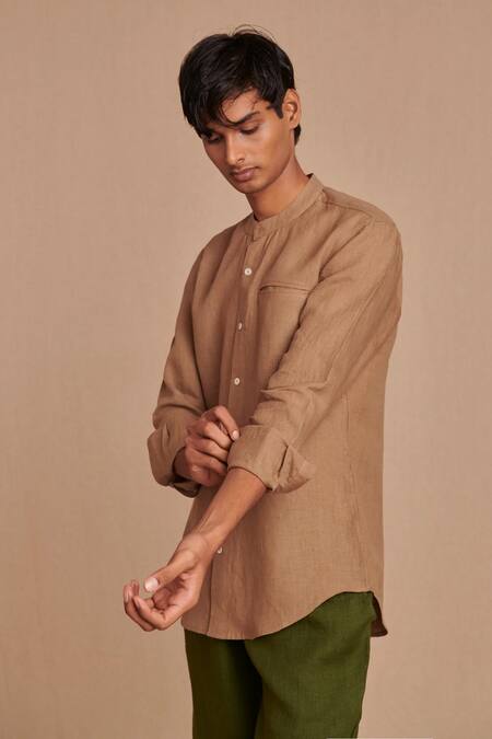 Buy_Saphed_Brown Linen Band Collar Shirt _Online_at_Aza_Fashions