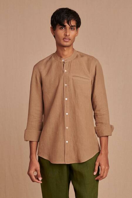 Shop_Saphed_Brown Linen Band Collar Shirt _Online_at_Aza_Fashions