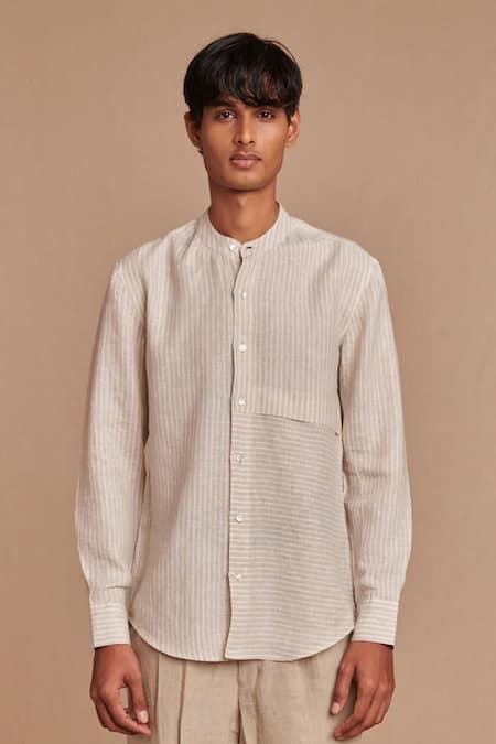 Saphed Undyed Pinstripe Linen Band Collar Shirt 