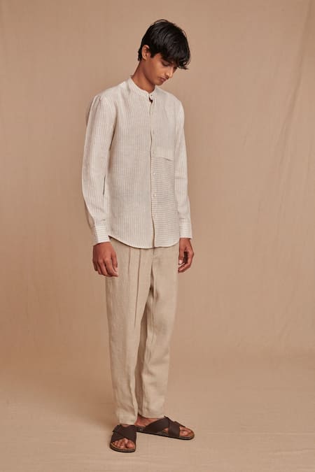 Saphed_Off White Linen Undyed Pinstripe Band Collar Shirt _Online_at_Aza_Fashions