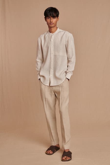 Buy_Saphed_Off White Linen Undyed Pinstripe Band Collar Shirt _Online_at_Aza_Fashions