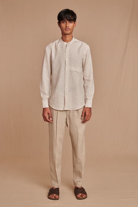 Shop_Saphed_Off White Linen Undyed Pinstripe Band Collar Shirt _Online_at_Aza_Fashions