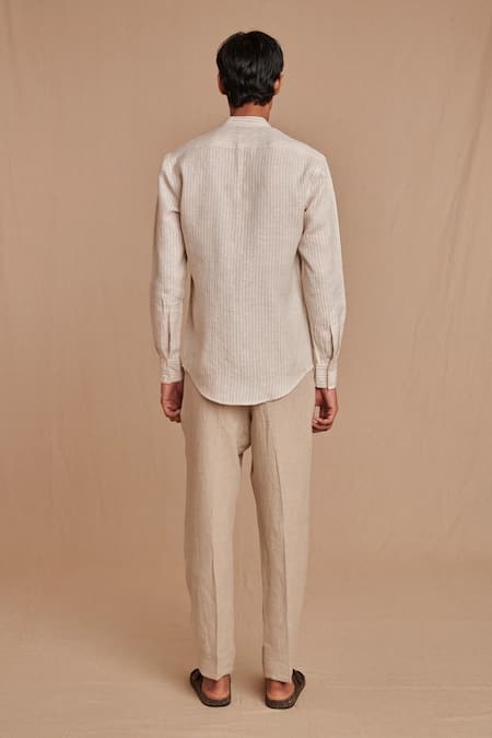 Saphed Undyed Pinstripe Linen Band Collar Shirt 