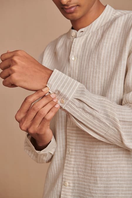 Saphed_Off White Linen Undyed Pinstripe Band Collar Shirt _at_Aza_Fashions