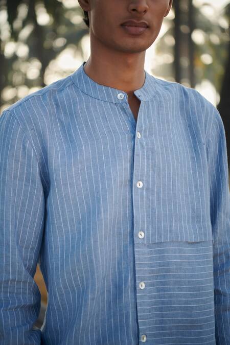 Buy_Saphed_Sky Blue Linen Band Collar Shirt _Online_at_Aza_Fashions