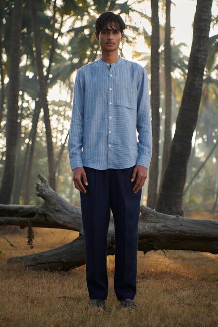 Shop_Saphed_Sky Blue Linen Band Collar Shirt _Online_at_Aza_Fashions