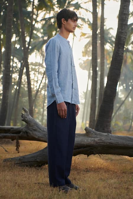 Saphed_Sky Blue Linen Band Collar Shirt _at_Aza_Fashions