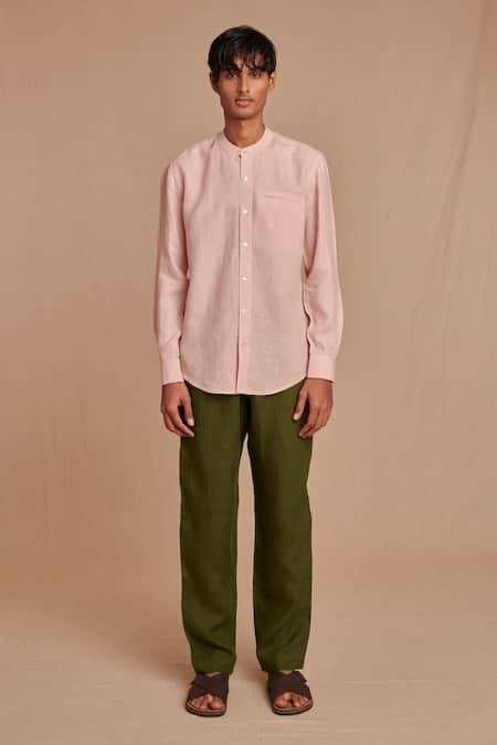 Saphed_Blush Linen Band Collar Shirt _Online_at_Aza_Fashions