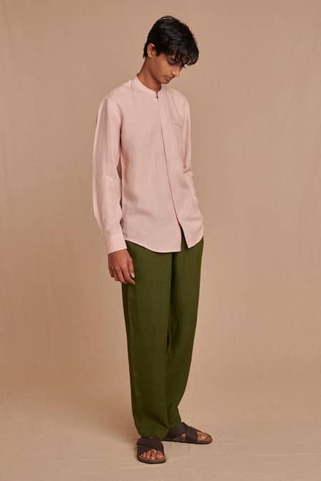 Buy_Saphed_Blush Linen Band Collar Shirt _Online_at_Aza_Fashions