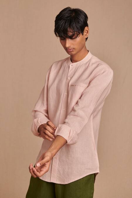 Shop_Saphed_Blush Linen Band Collar Shirt _Online_at_Aza_Fashions
