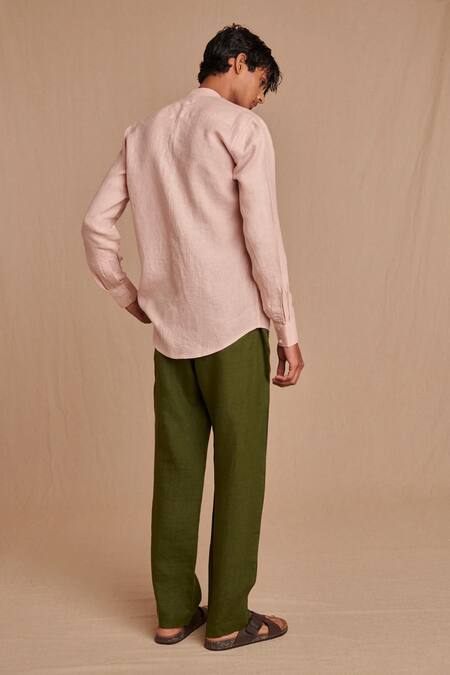 Saphed_Blush Linen Band Collar Shirt _at_Aza_Fashions