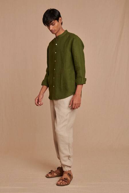 Saphed_Off White Linen Undyed Jogger Pant _Online_at_Aza_Fashions