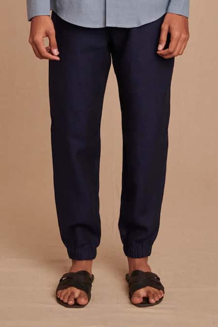 Saphed_Navy Linen Neel Denim Jogger Pant _Online_at_Aza_Fashions