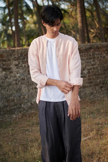 Saphed_Charcoal Linen Graphite Denim Baggy Pant _Online_at_Aza_Fashions