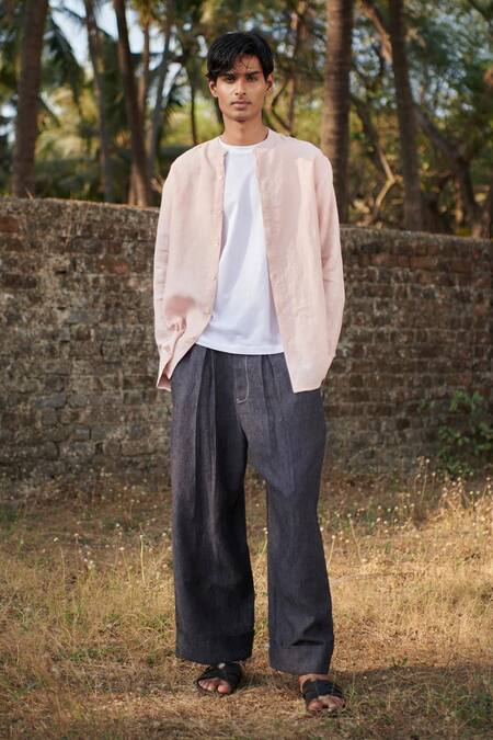 Shop_Saphed_Charcoal Linen Graphite Denim Baggy Pant _Online_at_Aza_Fashions