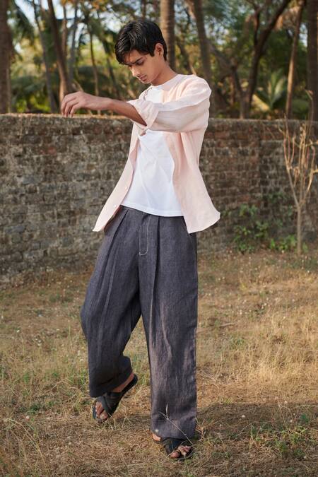 Saphed_Charcoal Linen Graphite Denim Baggy Pant _at_Aza_Fashions
