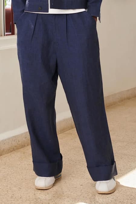 Buy_Saphed_Navy Linen Neel Denim Baggy Pant _Online_at_Aza_Fashions