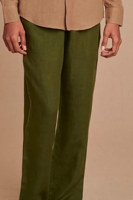 Saphed_Olive Green Linen Safari Lounge Pant _Online_at_Aza_Fashions
