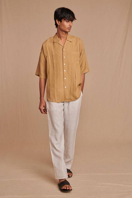 Saphed_Off White Linen Undyed Boldstripe Lounge Pant _Online_at_Aza_Fashions