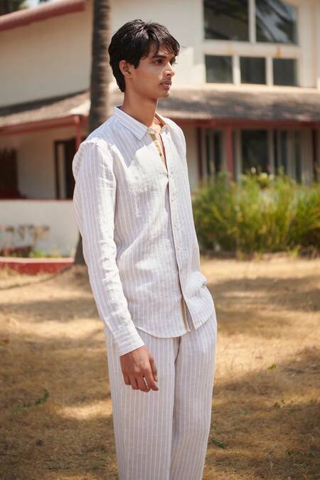 Buy_Saphed_Off White Linen Undyed Boldstripe Lounge Pant 