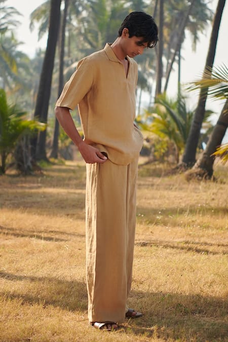 Saphed_Beige Linen Husk Pyjama Pant _at_Aza_Fashions
