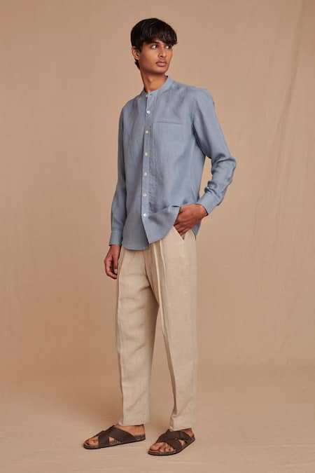 Saphed Undyed Linen Pleated Tappered Pant 