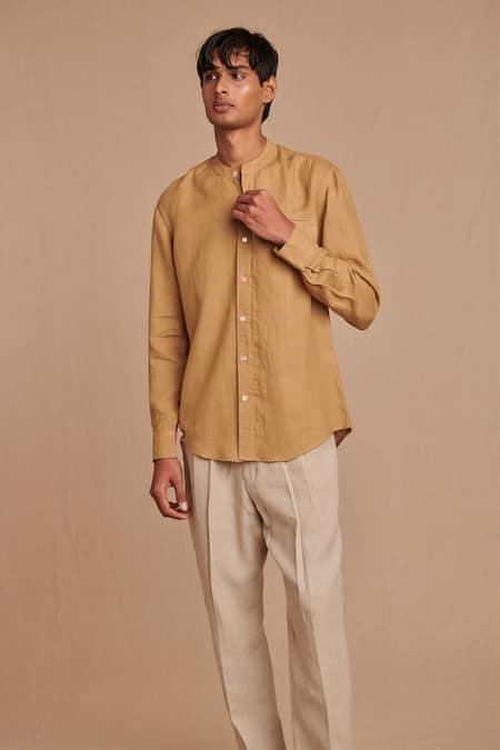 Shop_Saphed_Off White Linen Undyed Pleated Tappered Pant _Online_at_Aza_Fashions