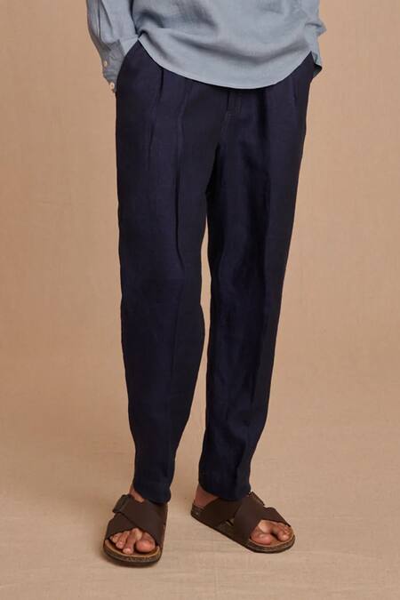 Saphed_Navy Linen Tapered Pant _Online_at_Aza_Fashions