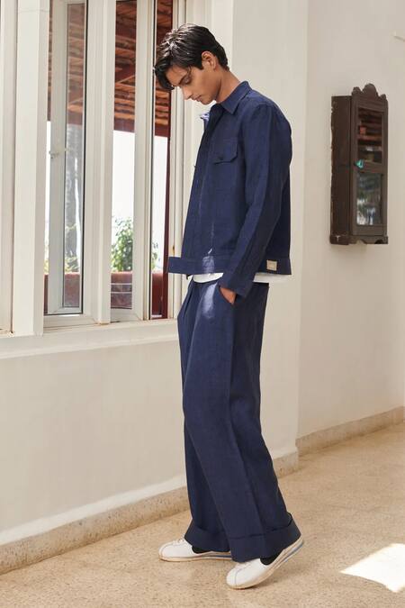 Saphed_Navy Linen Jacket And Pant Set _Online_at_Aza_Fashions