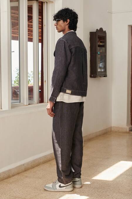 Buy_Saphed_Charcoal Linen Jacket And Joggers Set _Online_at_Aza_Fashions
