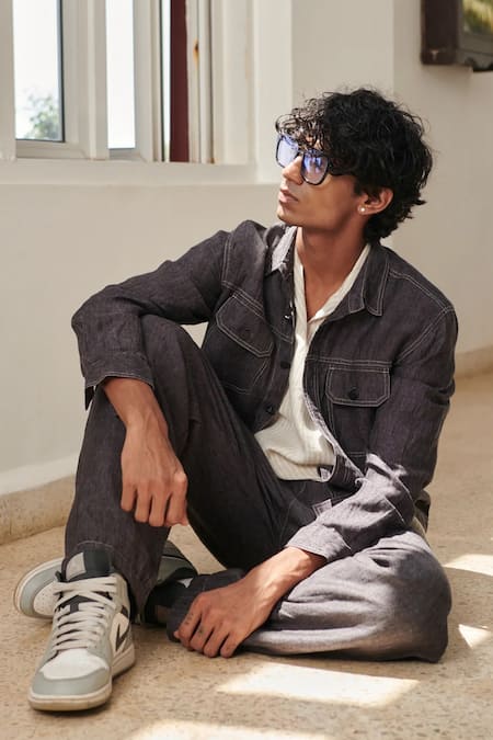 Shop_Saphed_Charcoal Linen Jacket And Joggers Set _Online_at_Aza_Fashions