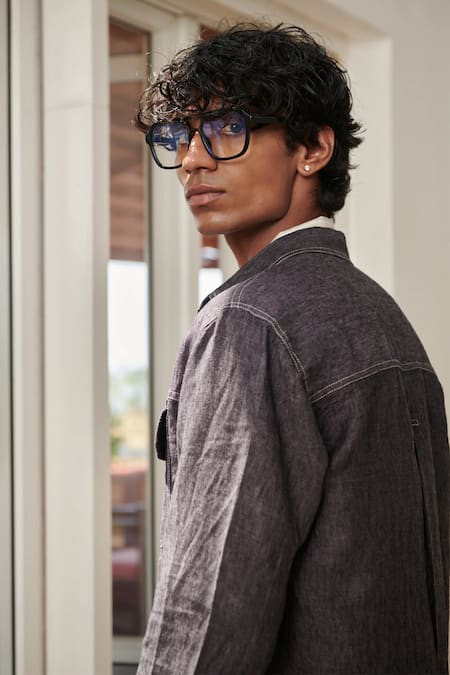 Saphed_Charcoal Linen Jacket And Joggers Set _at_Aza_Fashions