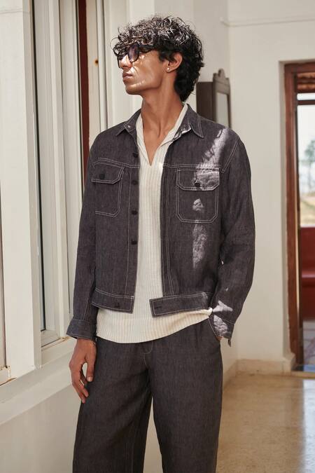 Buy_Saphed_Charcoal Linen Jacket And Joggers Set 