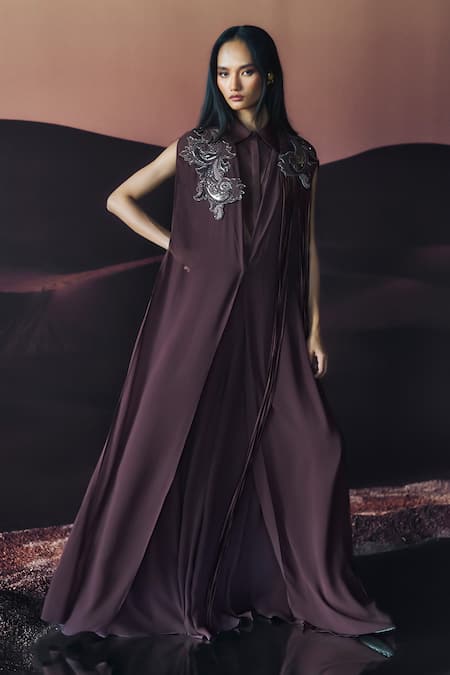 Pankaj & Nidhi Brown Collared Araquis Moonlit Grace Cape 