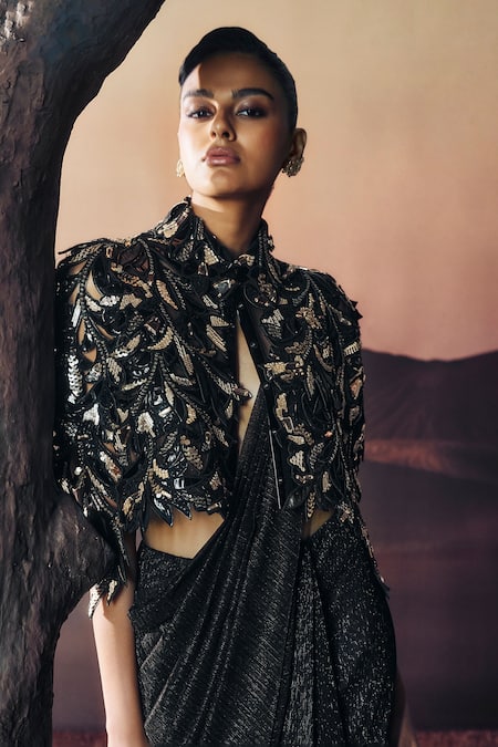 Pankaj & Nidhi Black Mandarin Collar Araquis Noir Majesty Cape 