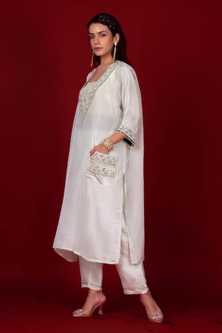 Label Niyami_Ivory Tissue Embroidery, Beads V-, Sweetheart Kaftan And Pant Set _Online_at_Aza_Fashions
