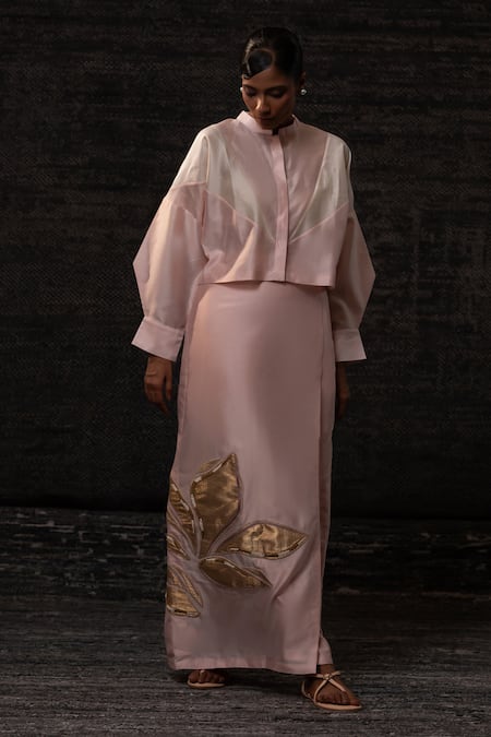 Shop_Eeda_Blush Chanderi Silk Patchwork, Embroidery Mandarin Collar Jacket With Skirt 