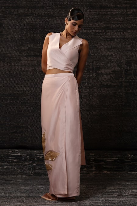 Eeda_Blush Chanderi Silk Applique V-neck Vest With Skirt _Online_at_Aza_Fashions