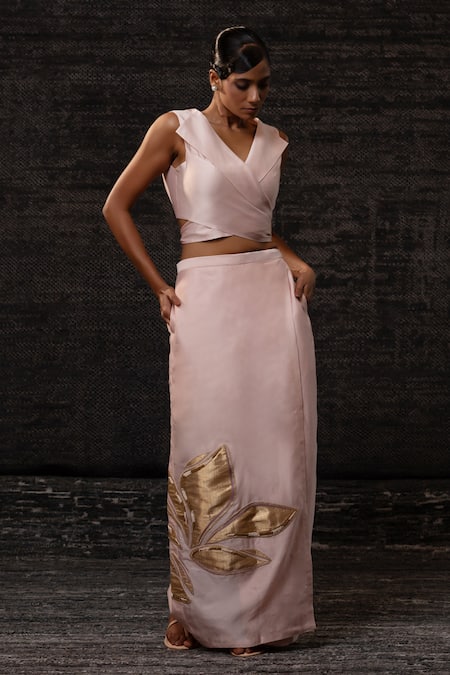 Buy_Eeda_Blush Chanderi Silk Applique V-neck Vest With Skirt _Online_at_Aza_Fashions