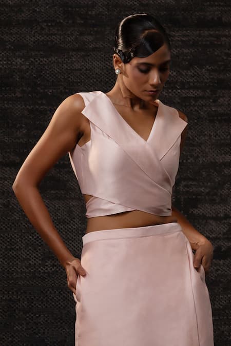 Shop_Eeda_Blush Chanderi Silk Applique V-neck Vest With Skirt _Online_at_Aza_Fashions