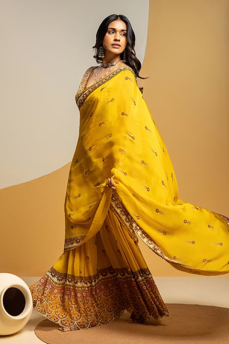 Soup By Sougat Paul_Yellow Silk, Organza Zari, Sequins, Embroidery Taarani Pre-draped Saree Set _Online_at_Aza_Fashions