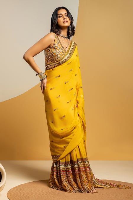Buy_Soup By Sougat Paul_Yellow Silk, Organza Zari, Sequins, Embroidery Taarani Pre-draped Saree Set _Online_at_Aza_Fashions