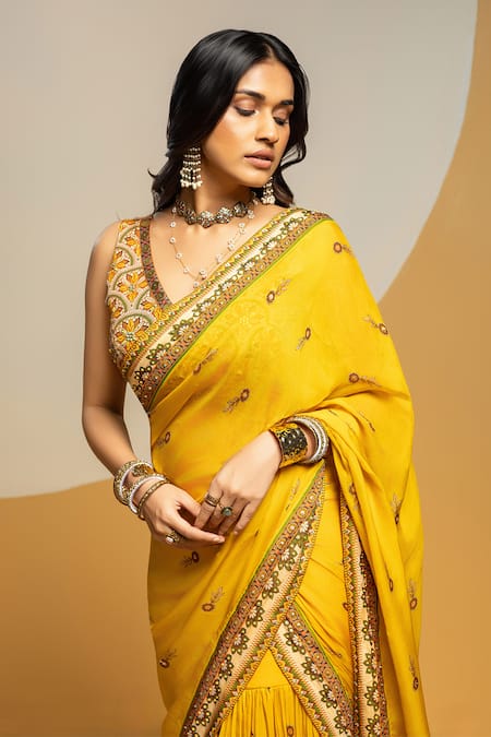Shop_Soup By Sougat Paul_Yellow Silk, Organza Zari, Sequins, Embroidery Taarani Pre-draped Saree Set _Online_at_Aza_Fashions